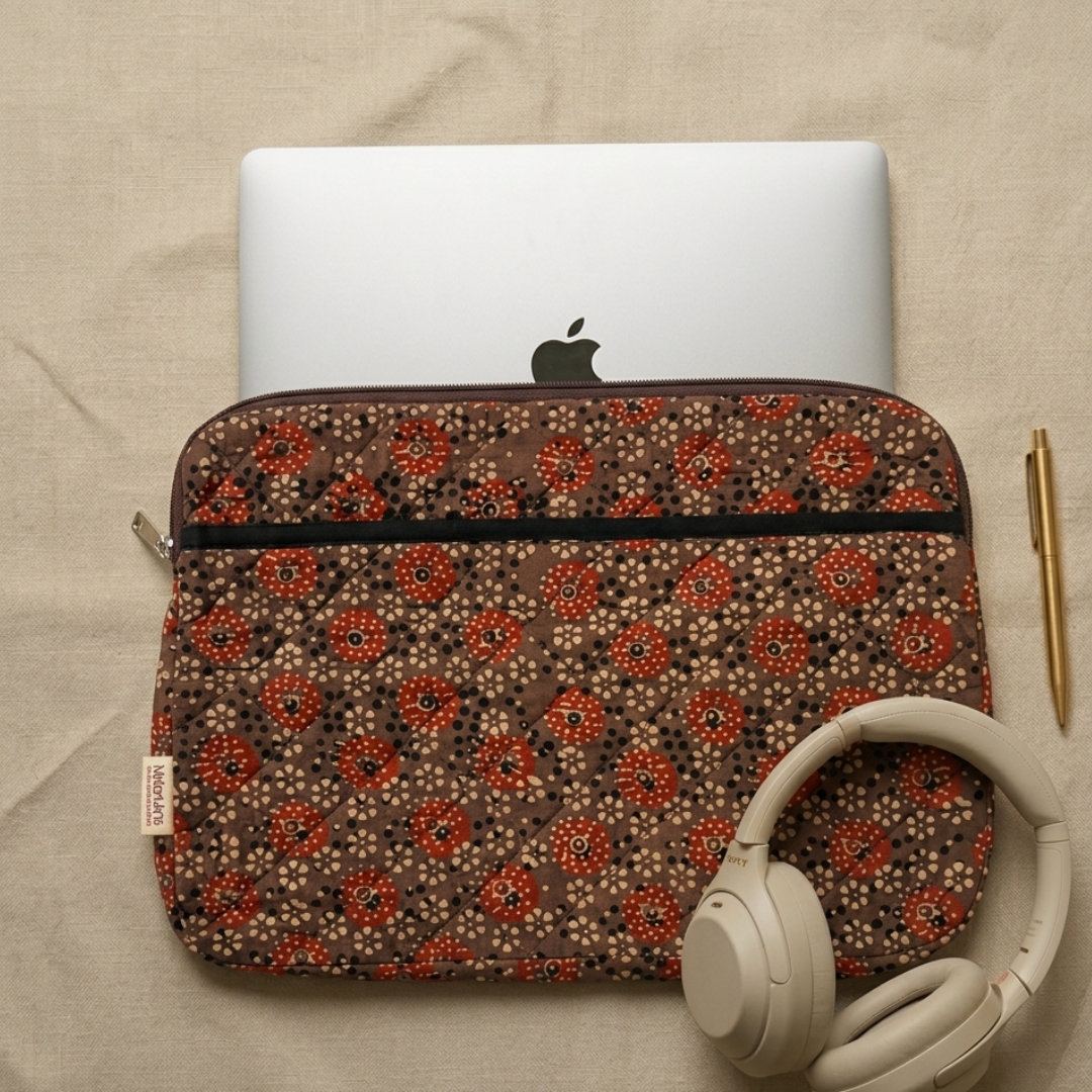 Brown Ajrakh Handcrafted Quilted Laptop Sleeve