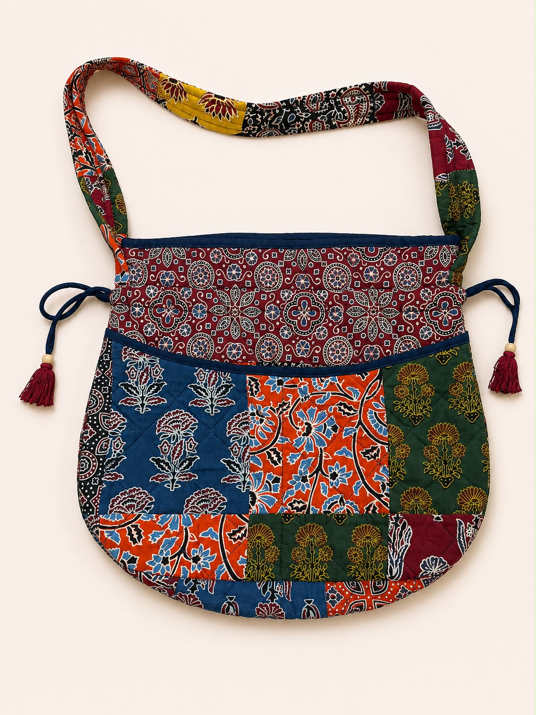 Multicoloured Ajrakh Drawstring Quilted Potli Bag