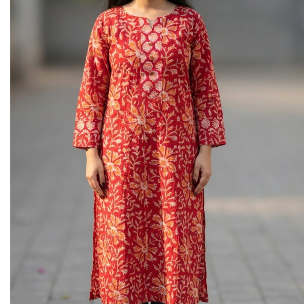 Red Floral Handblock Print Cotton Kurta
