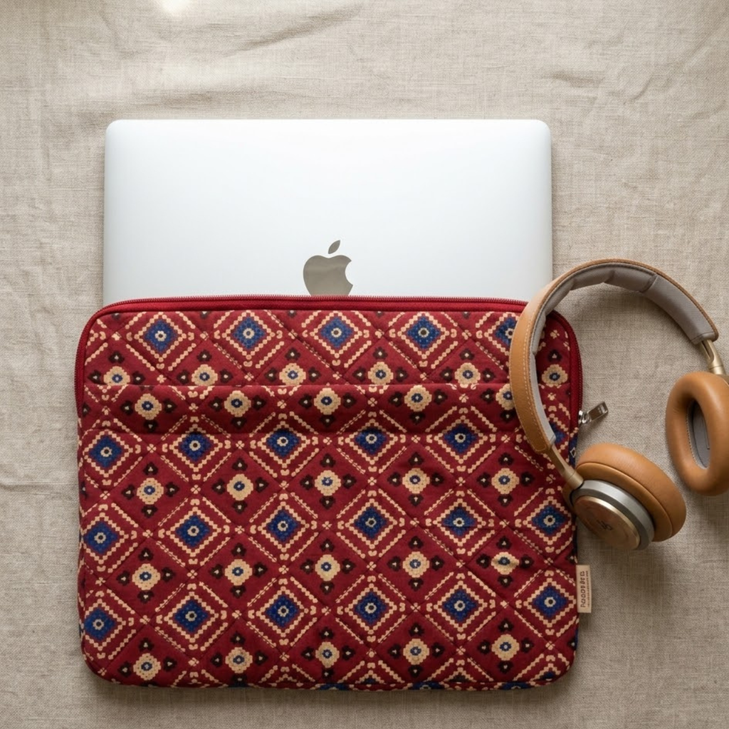 Red Ajrakh Quilted Laptop Sleeve
