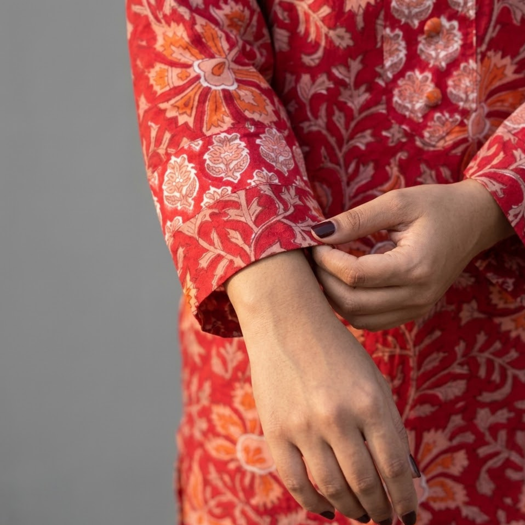 Red Floral Handblock Print Cotton Kurta