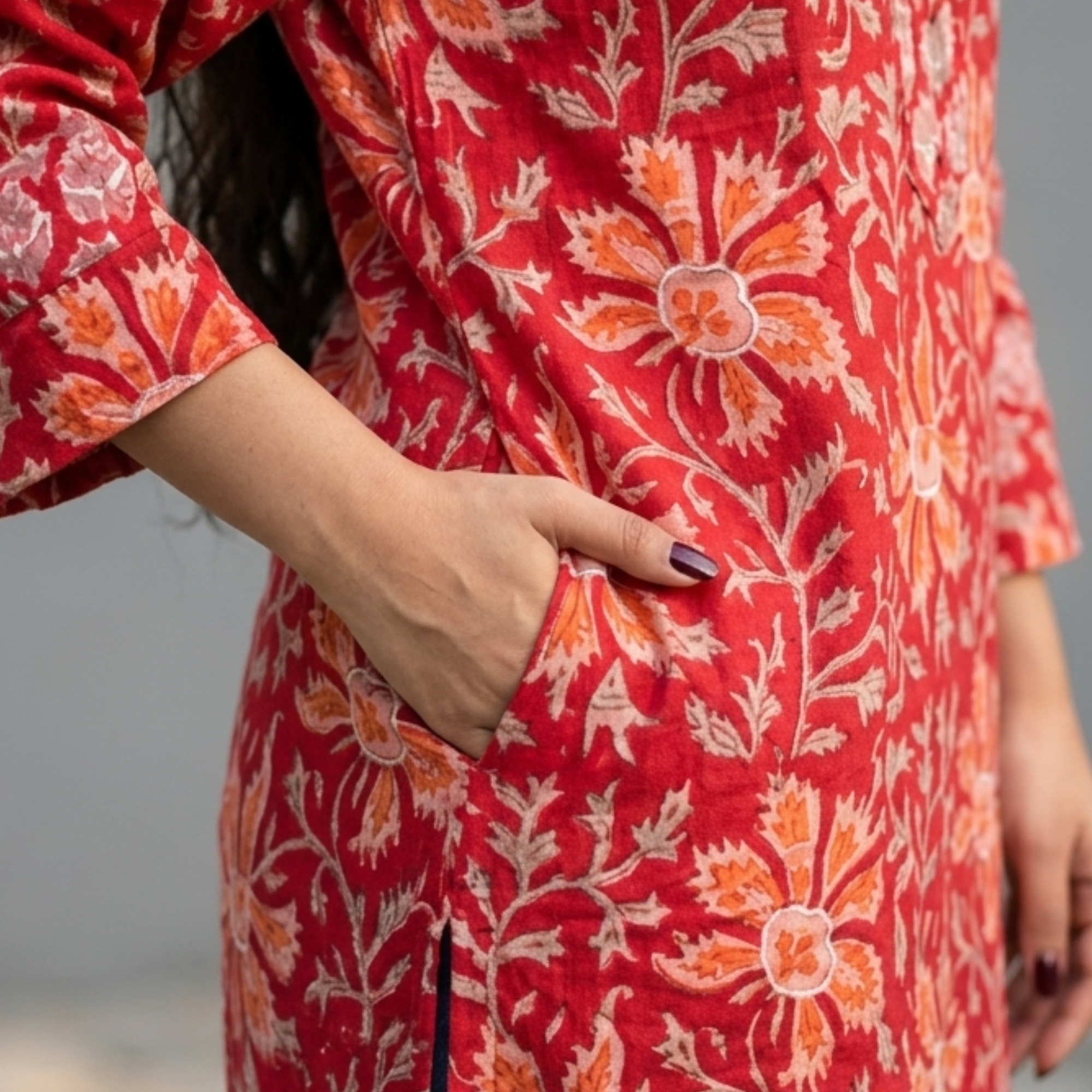 Red Floral Handblock Print Cotton Kurta