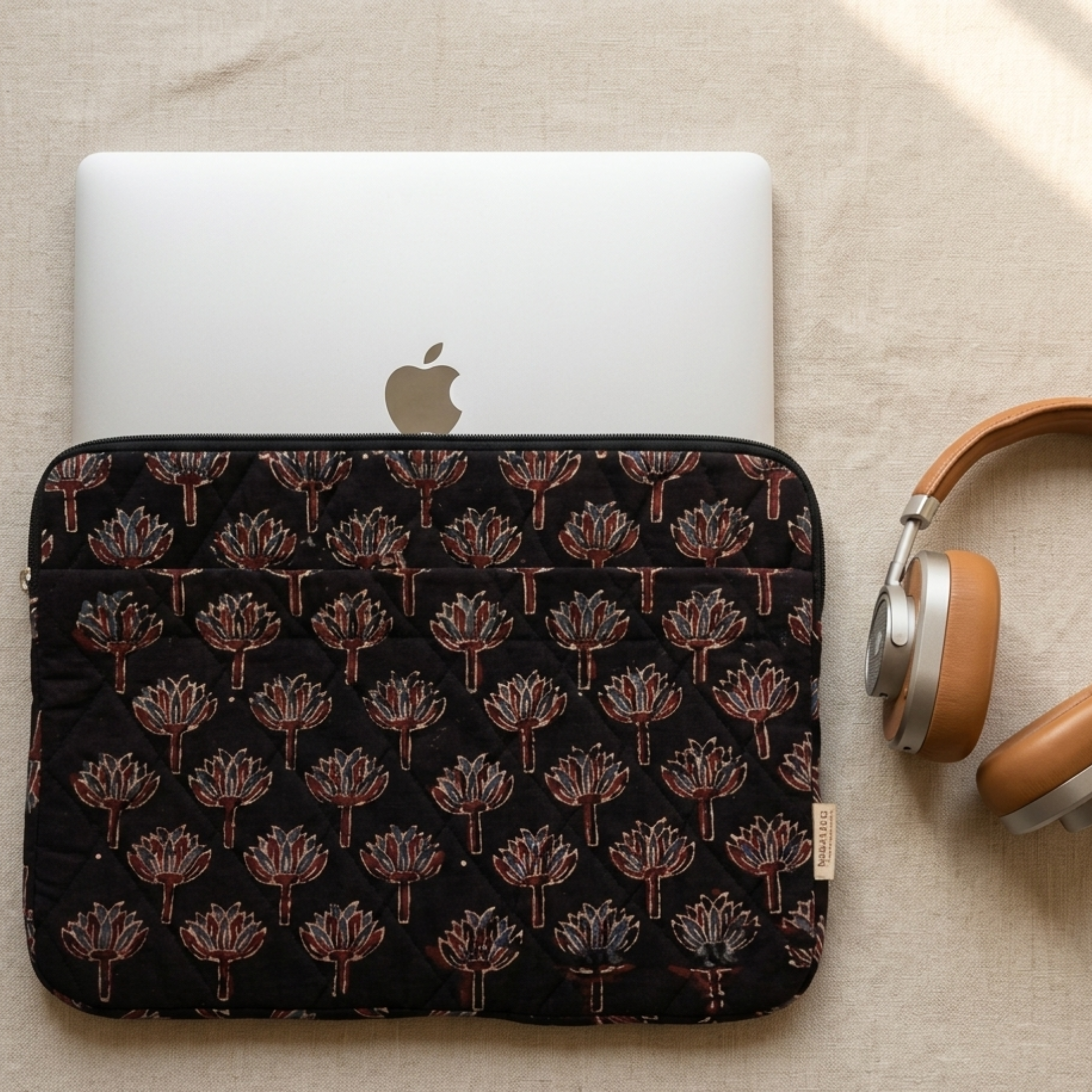 Black Ajrakh Quilted Laptop Sleeve