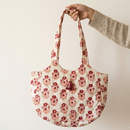 Beige Handblock Print Boat Curve Quilted Tote
