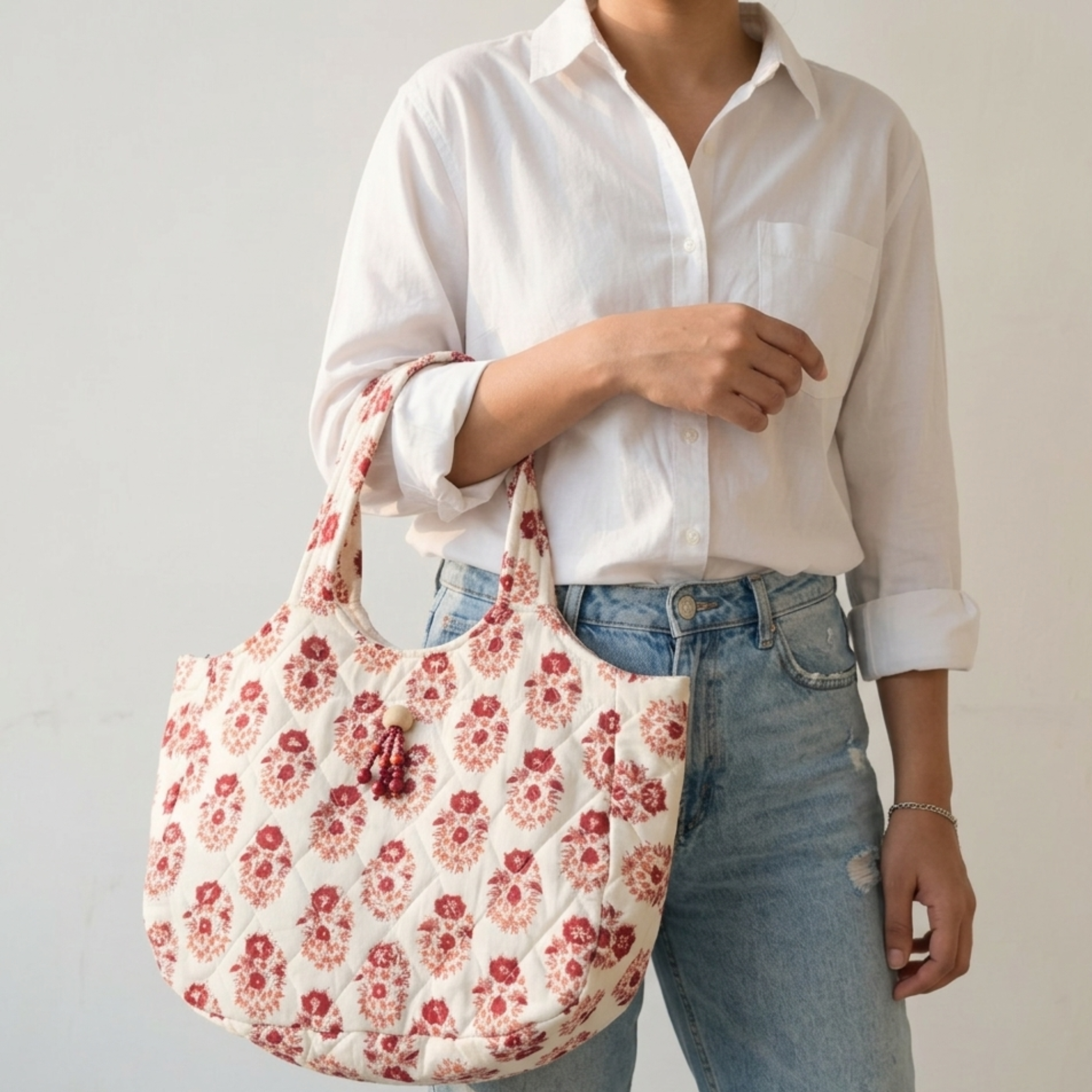 Beige Handblock Print Boat Curve Quilted Tote