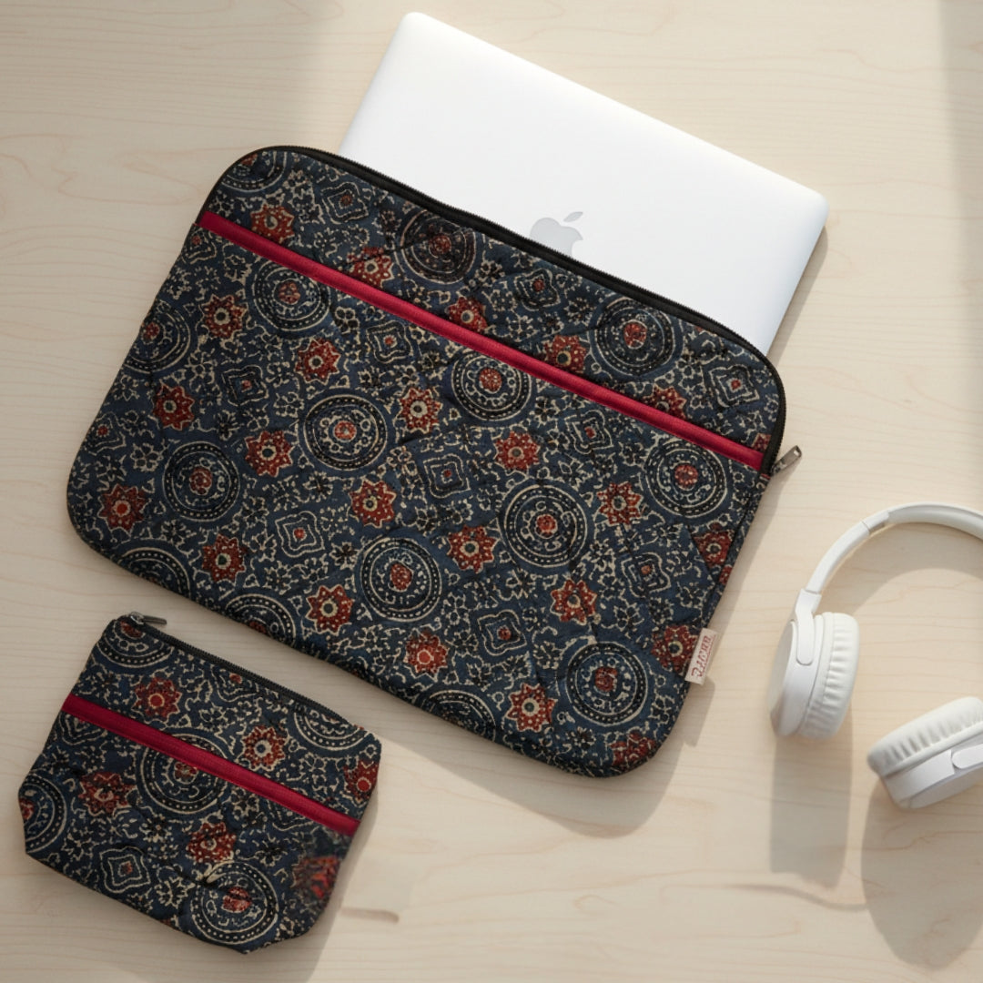 Green Ajrakh Quilted Laptop Sleeve