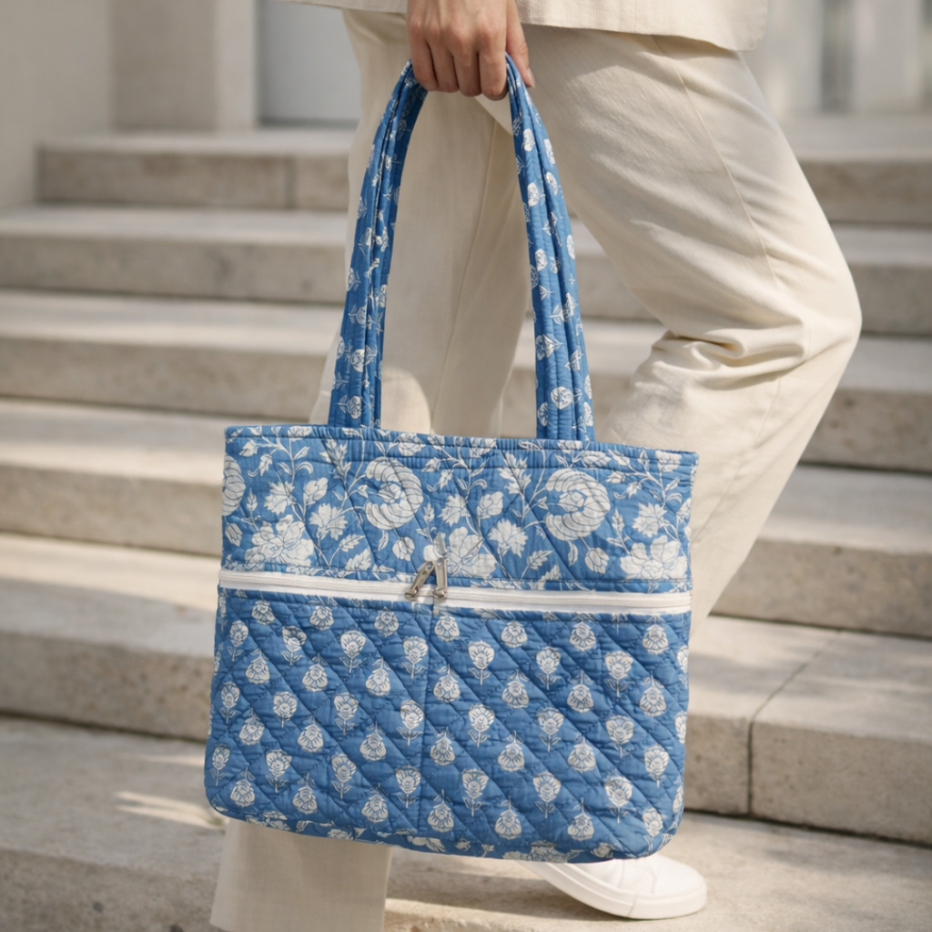 Blue Handblock Handcrafted Quilted Tote Bag
