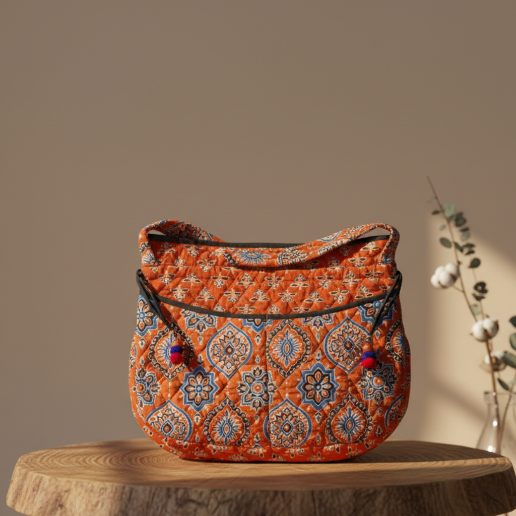 Oramge Ajrakh Quilted Potli Bag