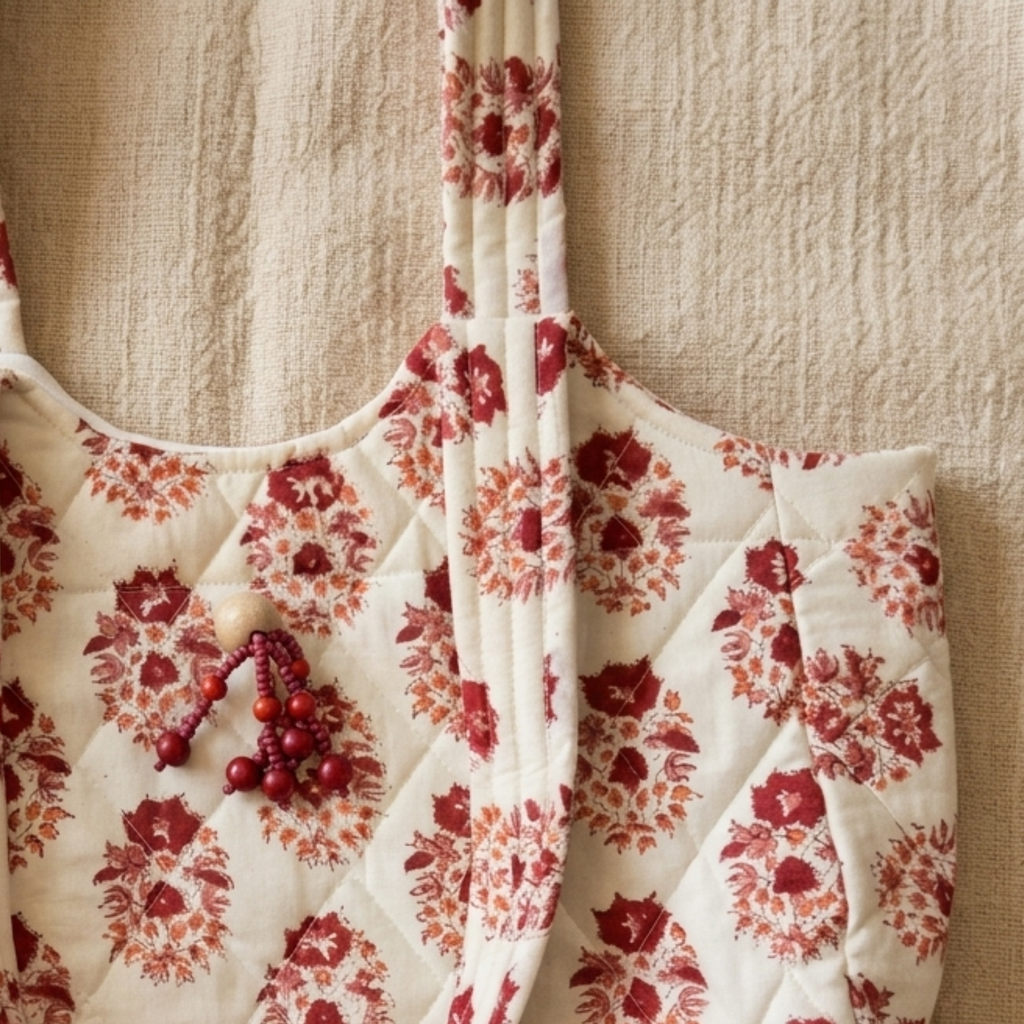 Beige Handblock Print Boat Curve Quilted Tote