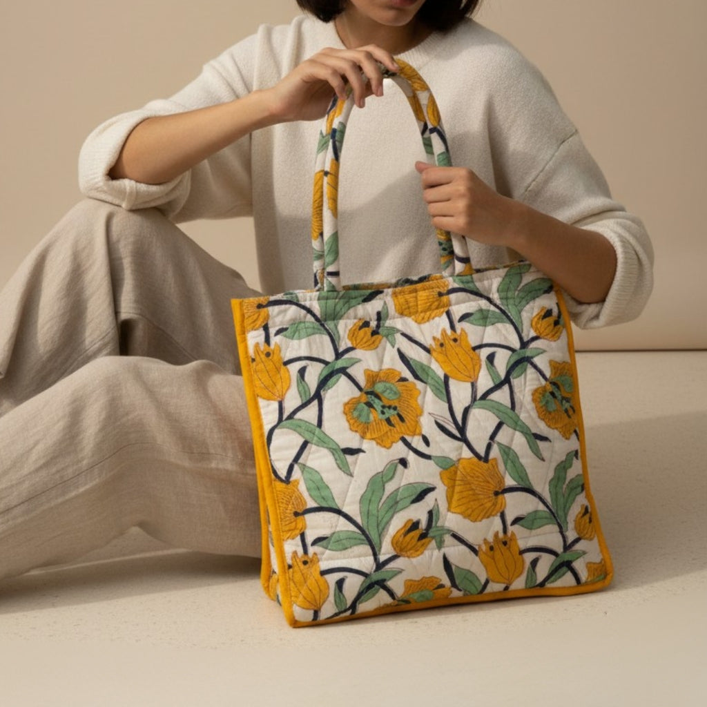Sunshine Blossom - Floral Handcrafted Quilted Tote Bag