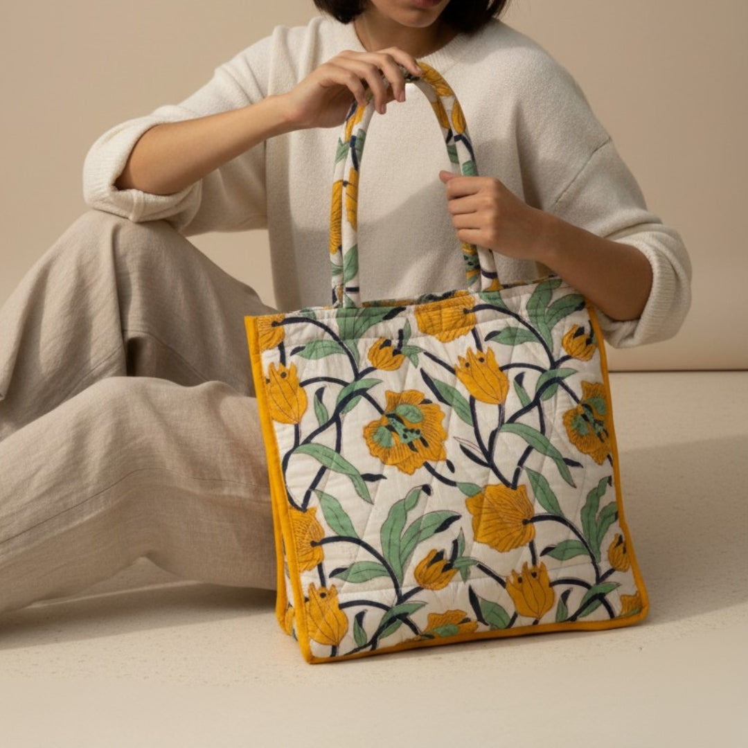 Sunshine Blossom - Floral Handcrafted Quilted Tote Bag