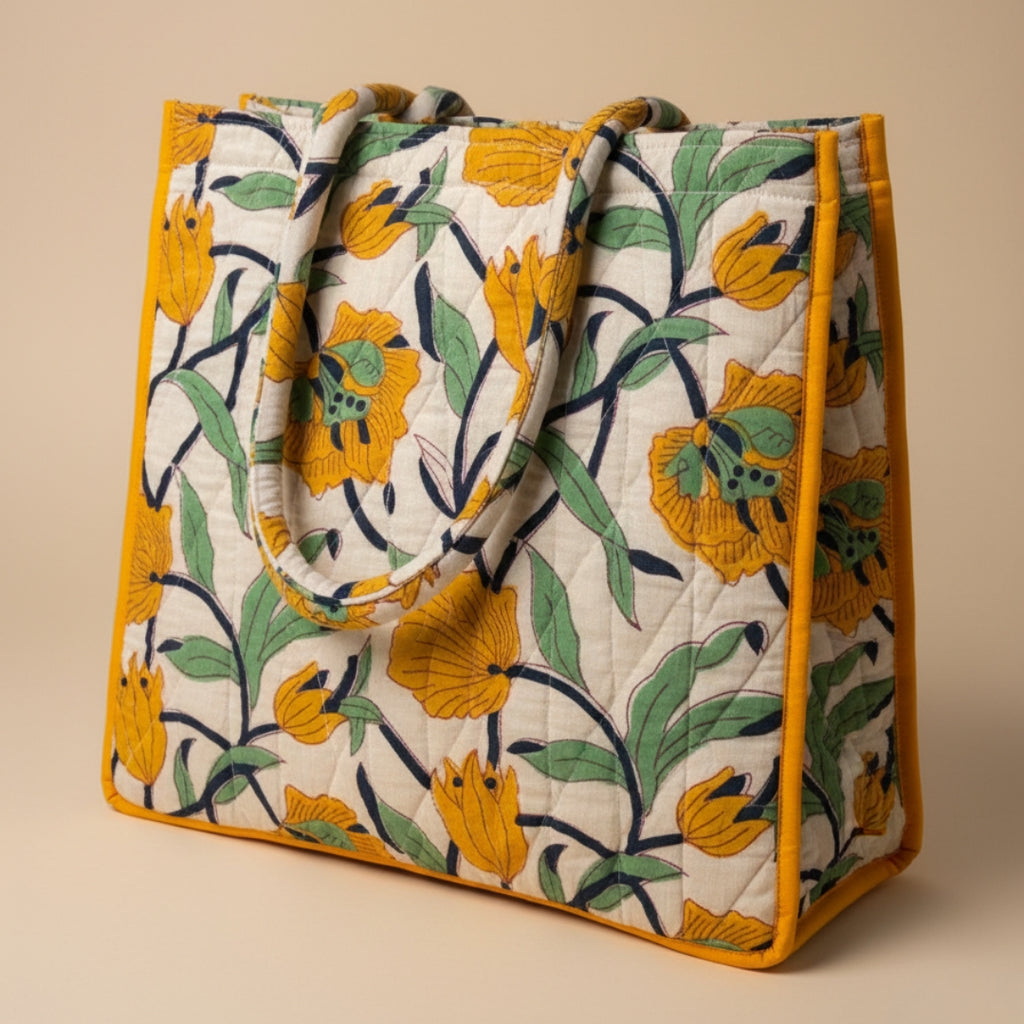 Sunshine Blossom - Floral Handcrafted Quilted Tote Bag