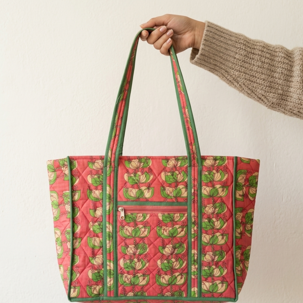 Red Floral Handblock Print Tote Bag