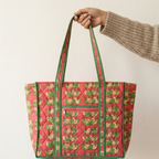 Red Floral Handblock Print Tote Bag