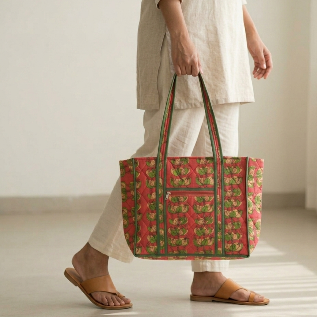 Red Floral Handblock Print Tote Bag