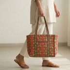 Red Floral Handblock Print Tote Bag