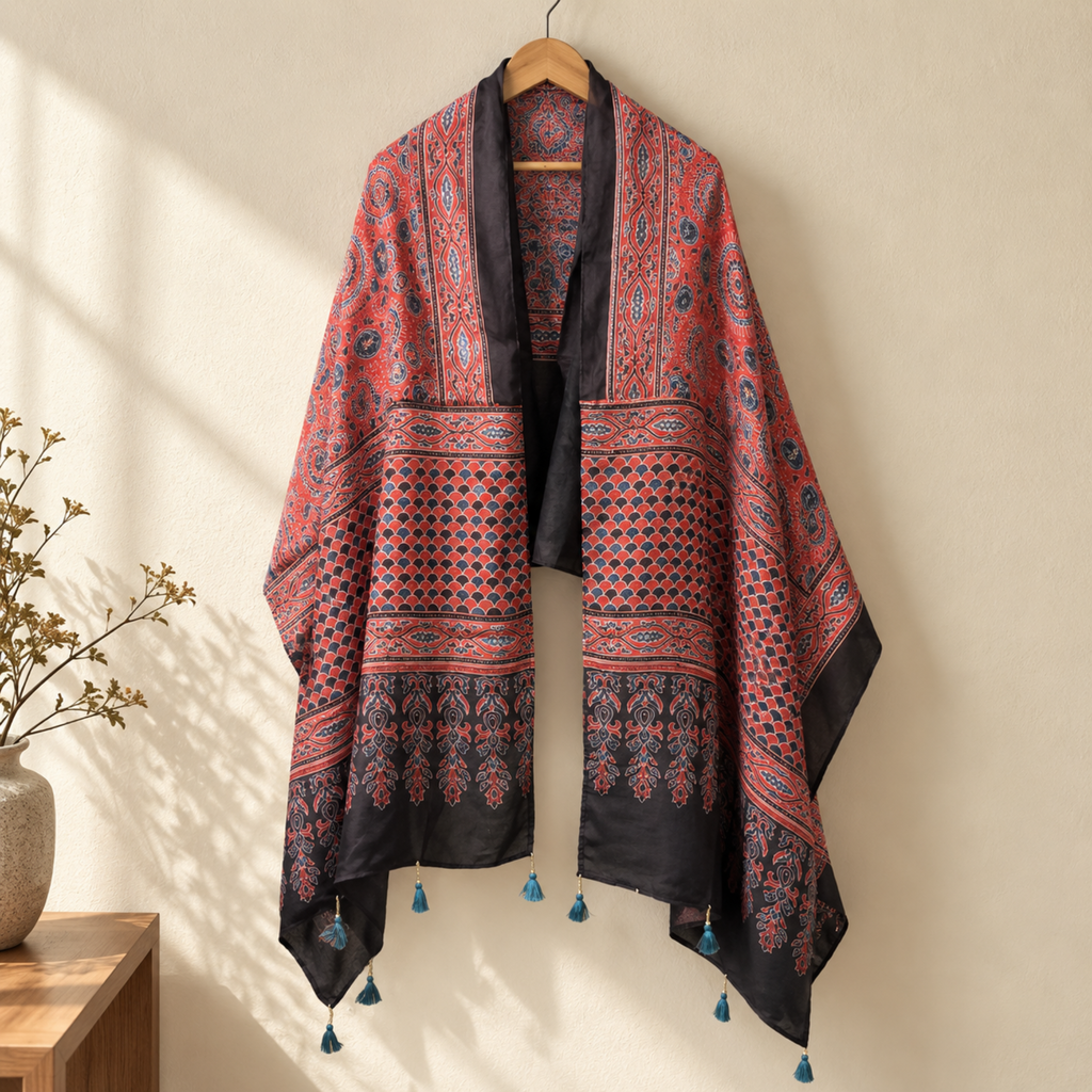 Stoles - Maroon Ajrakh Print Modal Silk Stole