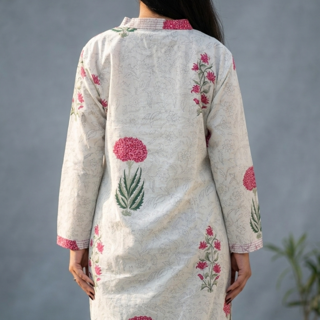 White Mughal Buta Handblock Print Cotton Kurta