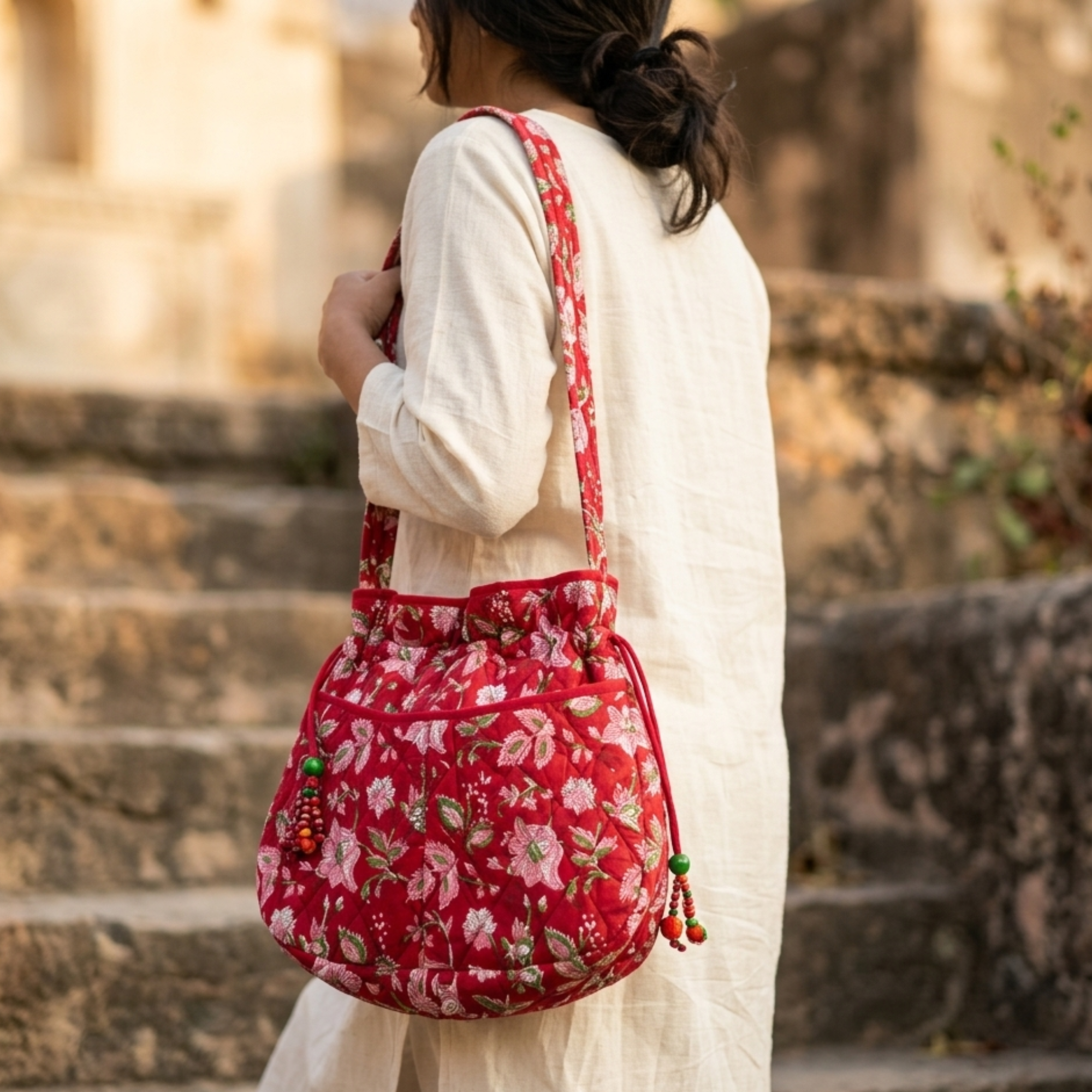 Red Floral Quilted Potli Bag