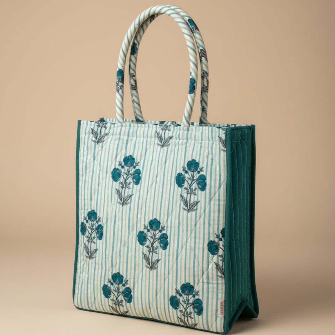 Teal Blossom - Floral Handcrafted Tote Bag