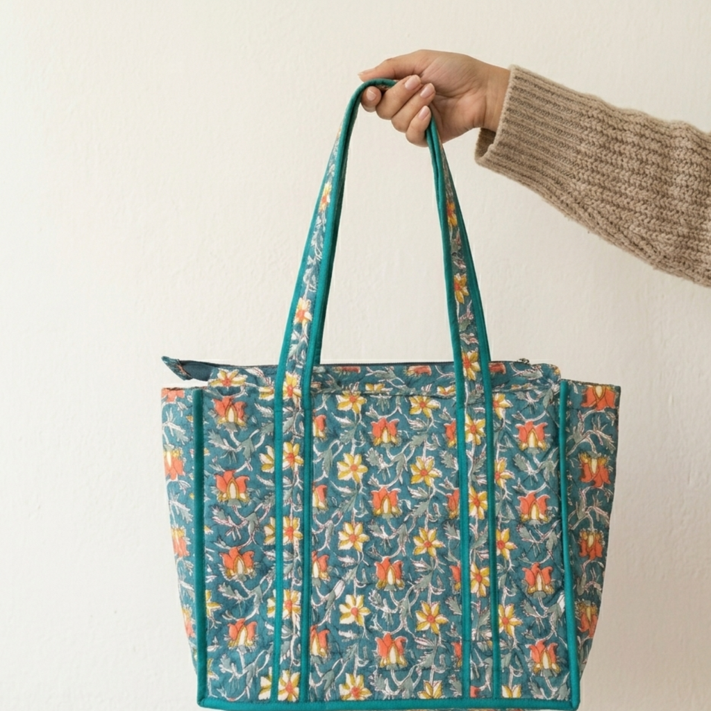 Teal Floral Handblock Print Tote Bag