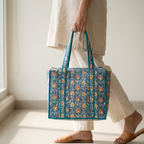Teal Floral Handblock Print Tote Bag