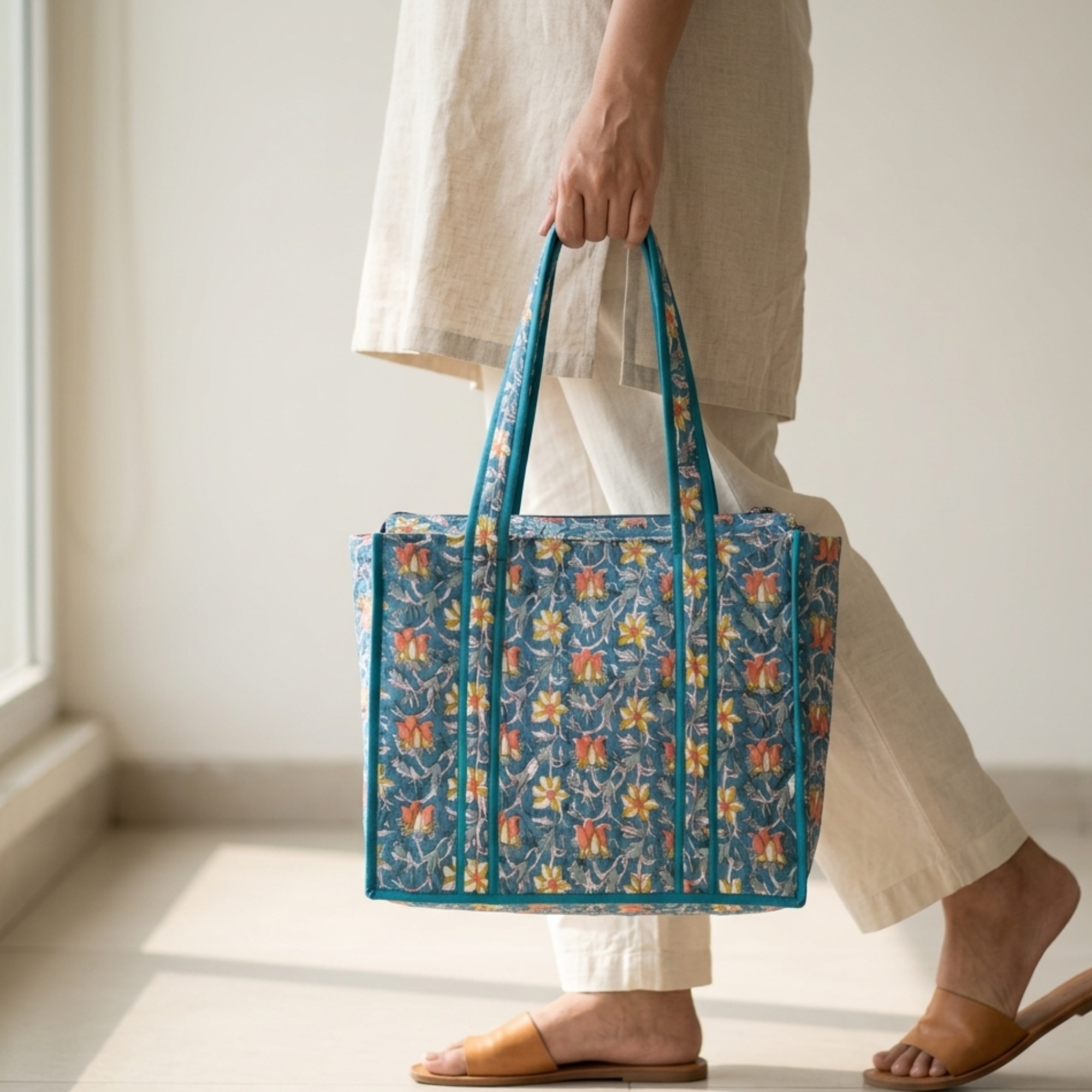 Teal Floral Handblock Print Tote Bag