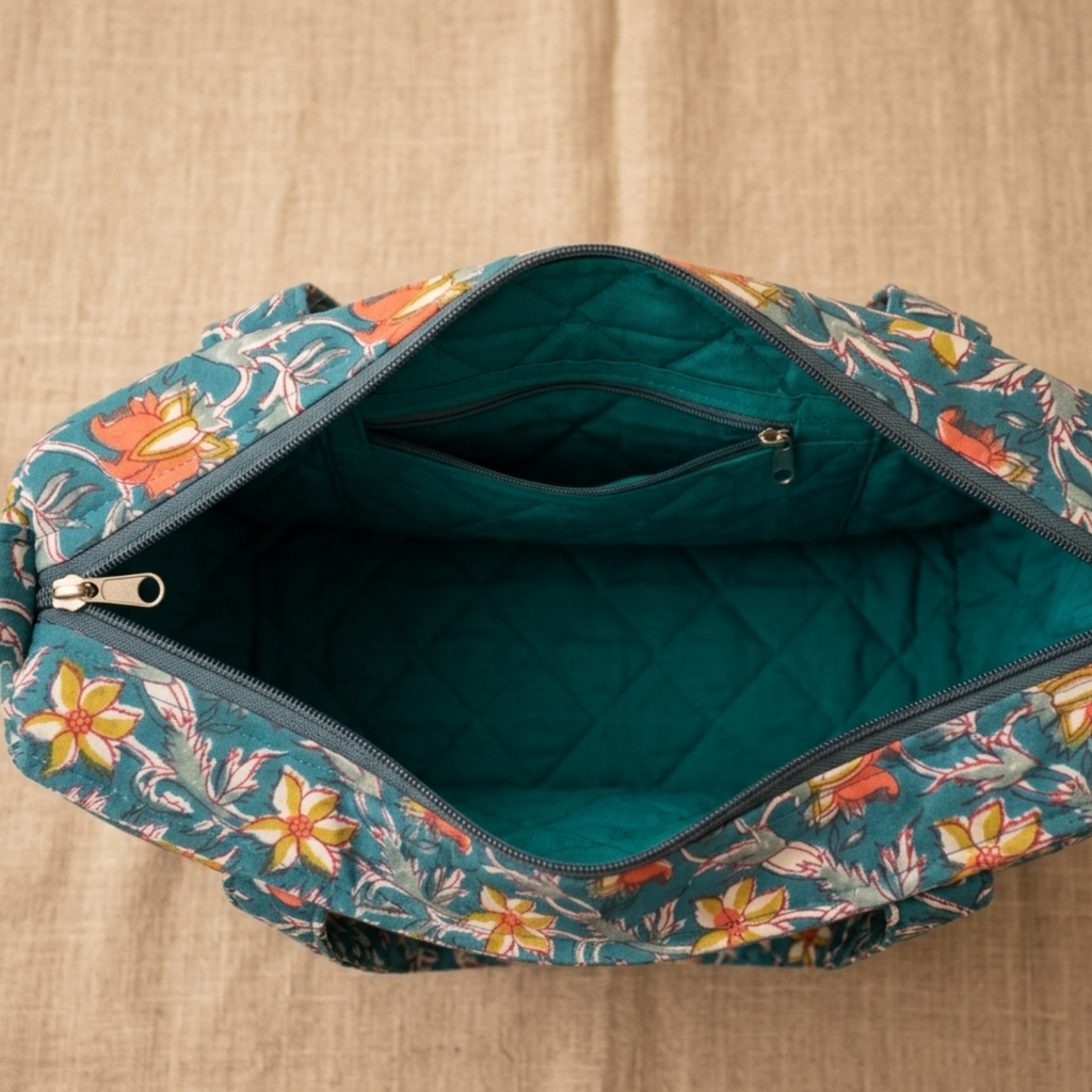 Teal Floral Handblock Print Tote Bag