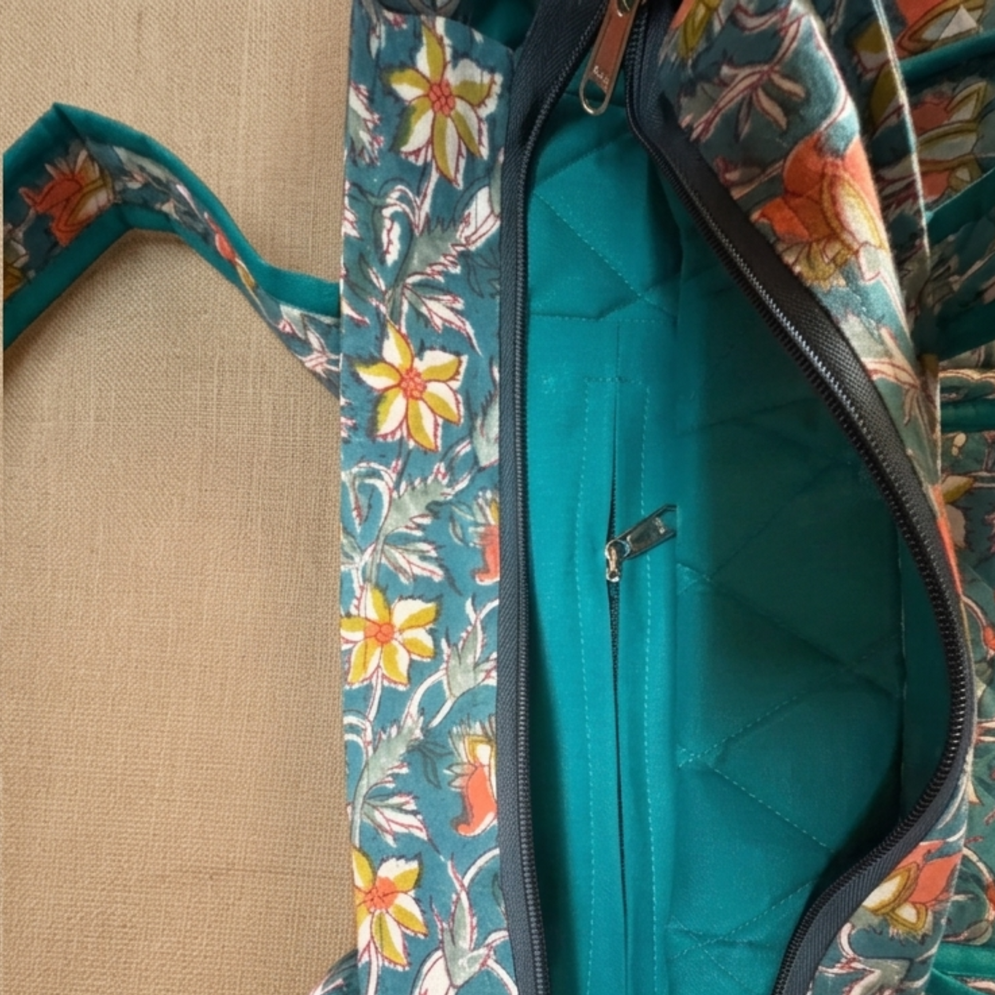 Teal Floral Handblock Print Tote Bag