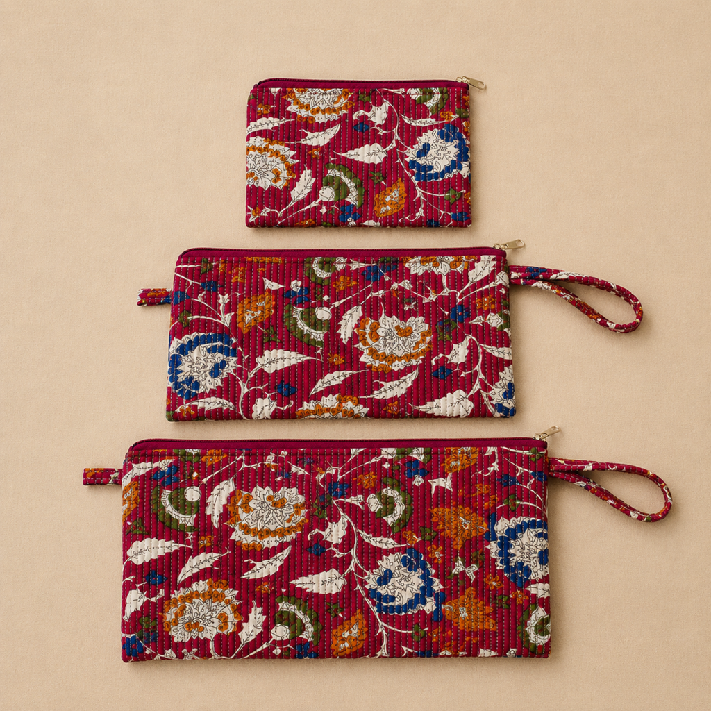Red Handblock Print Set of Three Multipurpose pouch