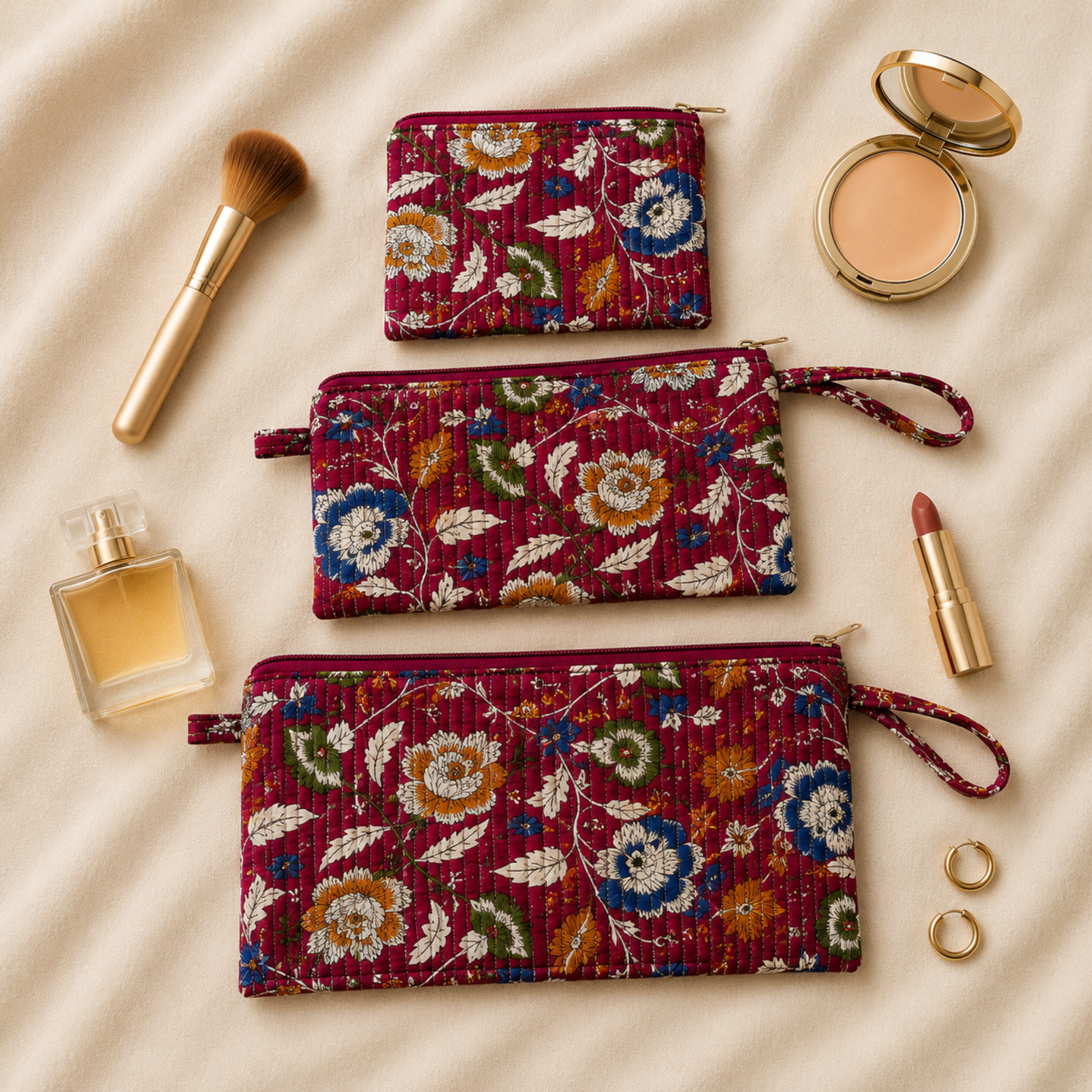 Red Handblock Print Set of Three Multipurpose pouch