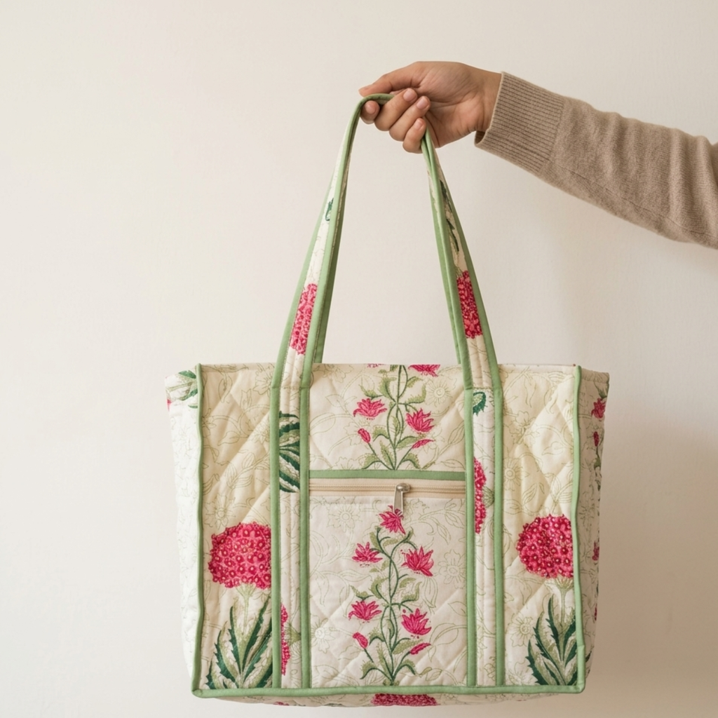 White Mughal Buta Handblock Print Tote Bag