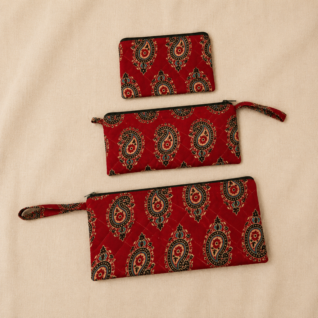 Red Ajrakh Set of Three Multipurpose pouch