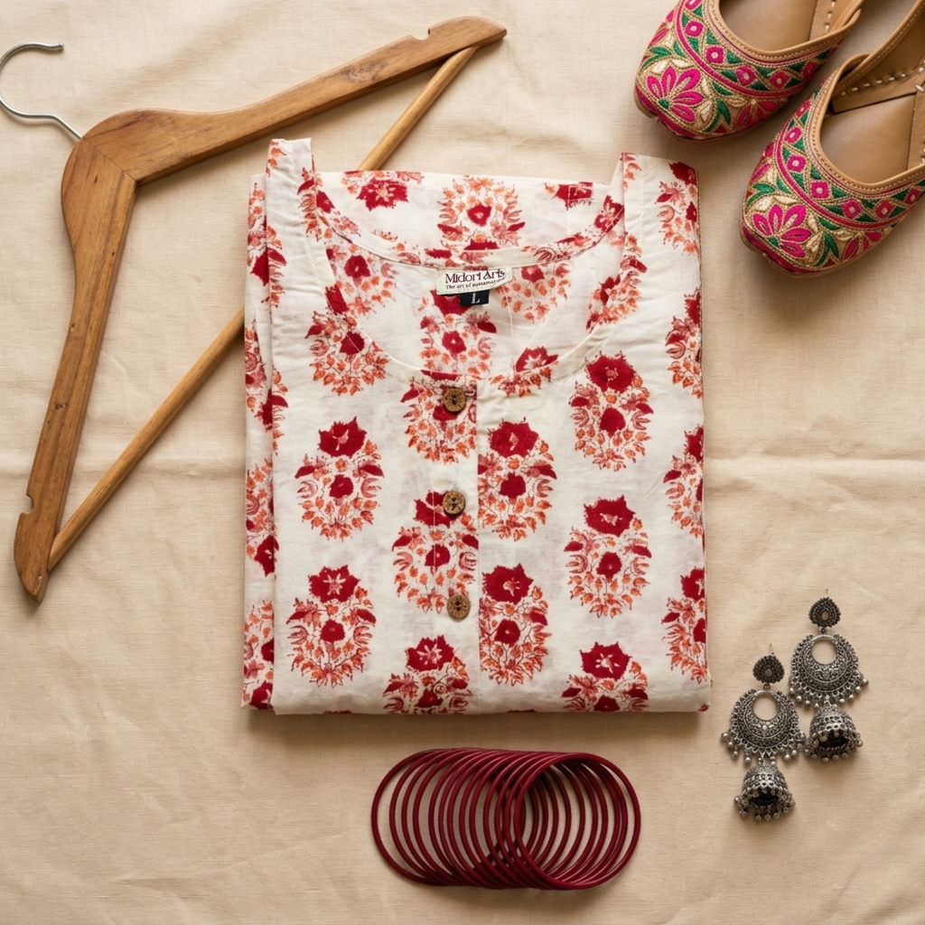 Cream Handblock Print Cotton Kurta