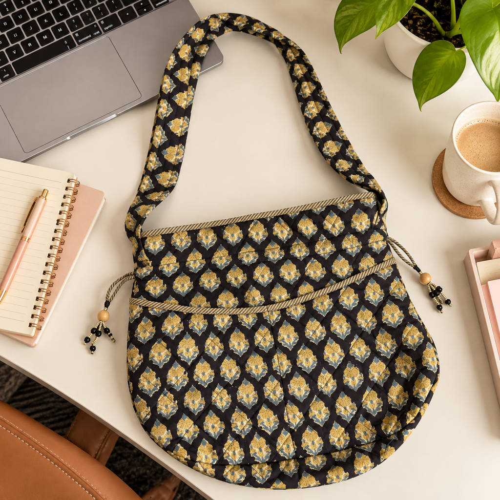 Black Handblock Print Quilted Potli Bag