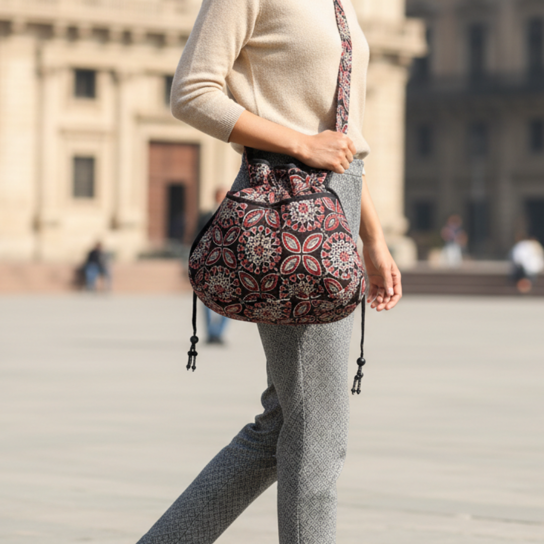 Black Ajrakh Quilted Potli Bag