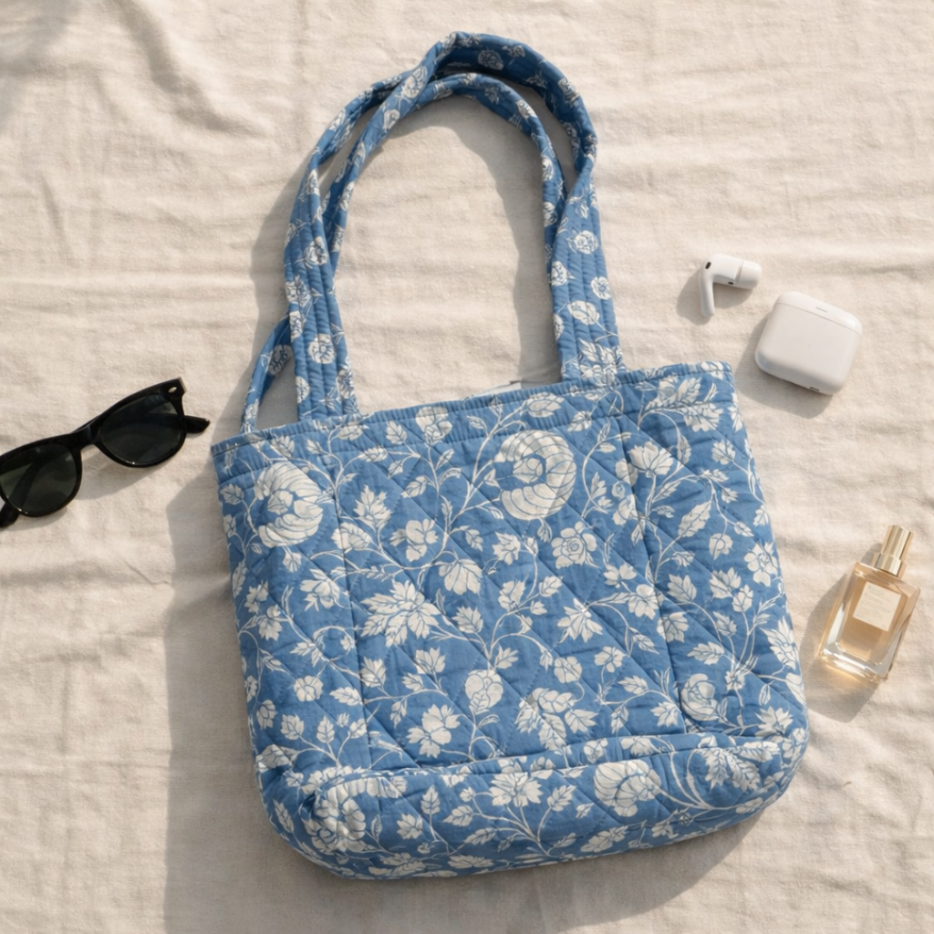 Blue Handblock Handcrafted Quilted Tote Bag