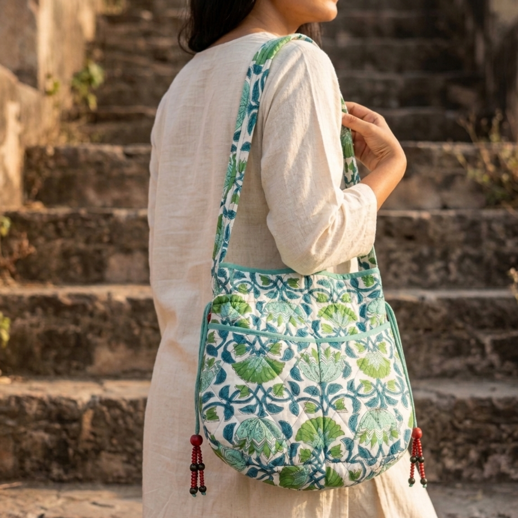 Green Floral Quilted Potli Bag