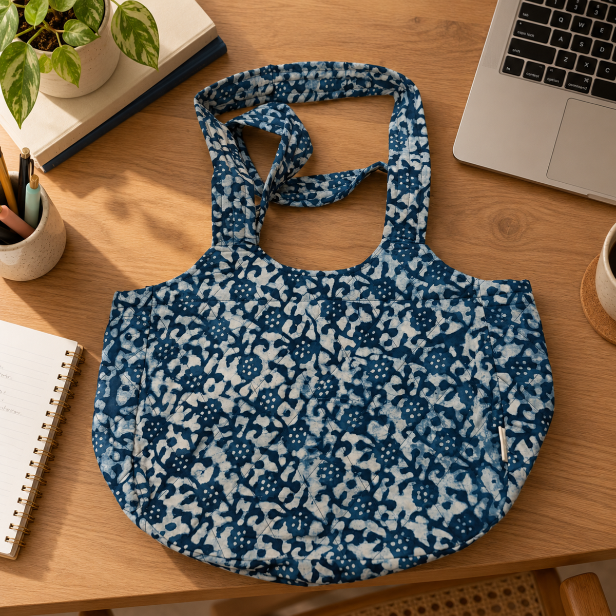 Indigo Boat Curve Quilted Tote