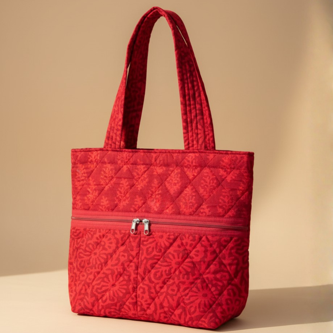 Red Handblock Handcrafted Quilted Tote Bag