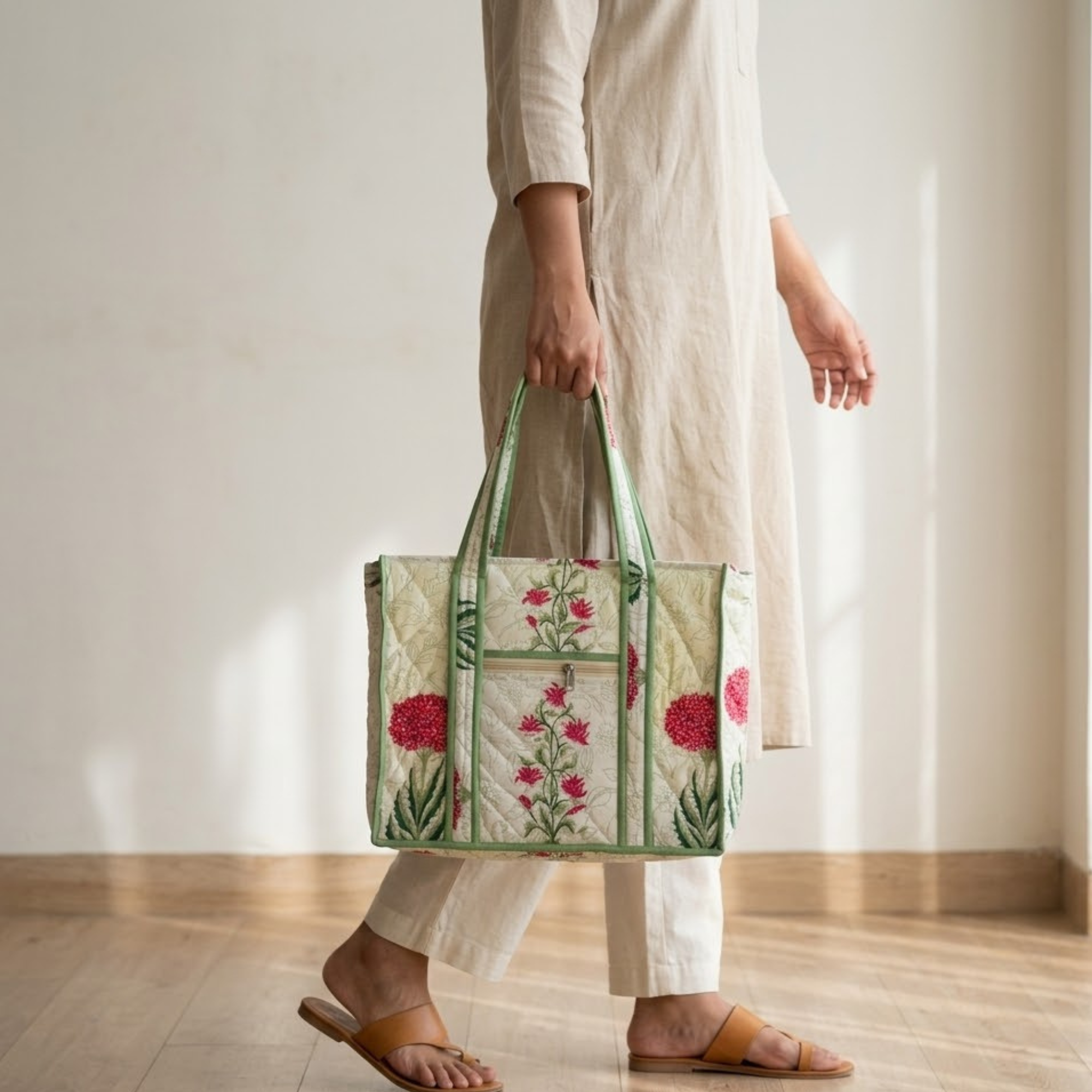 Person holding a floral embroidered tote bag in a minimal indoor setting