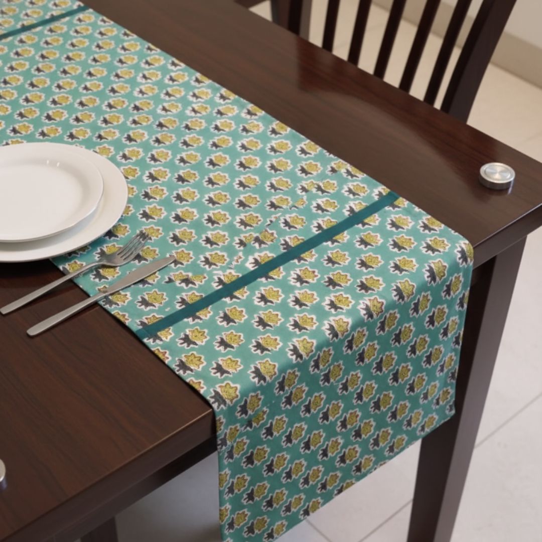Sea Green Floral Cotton Table Runner
