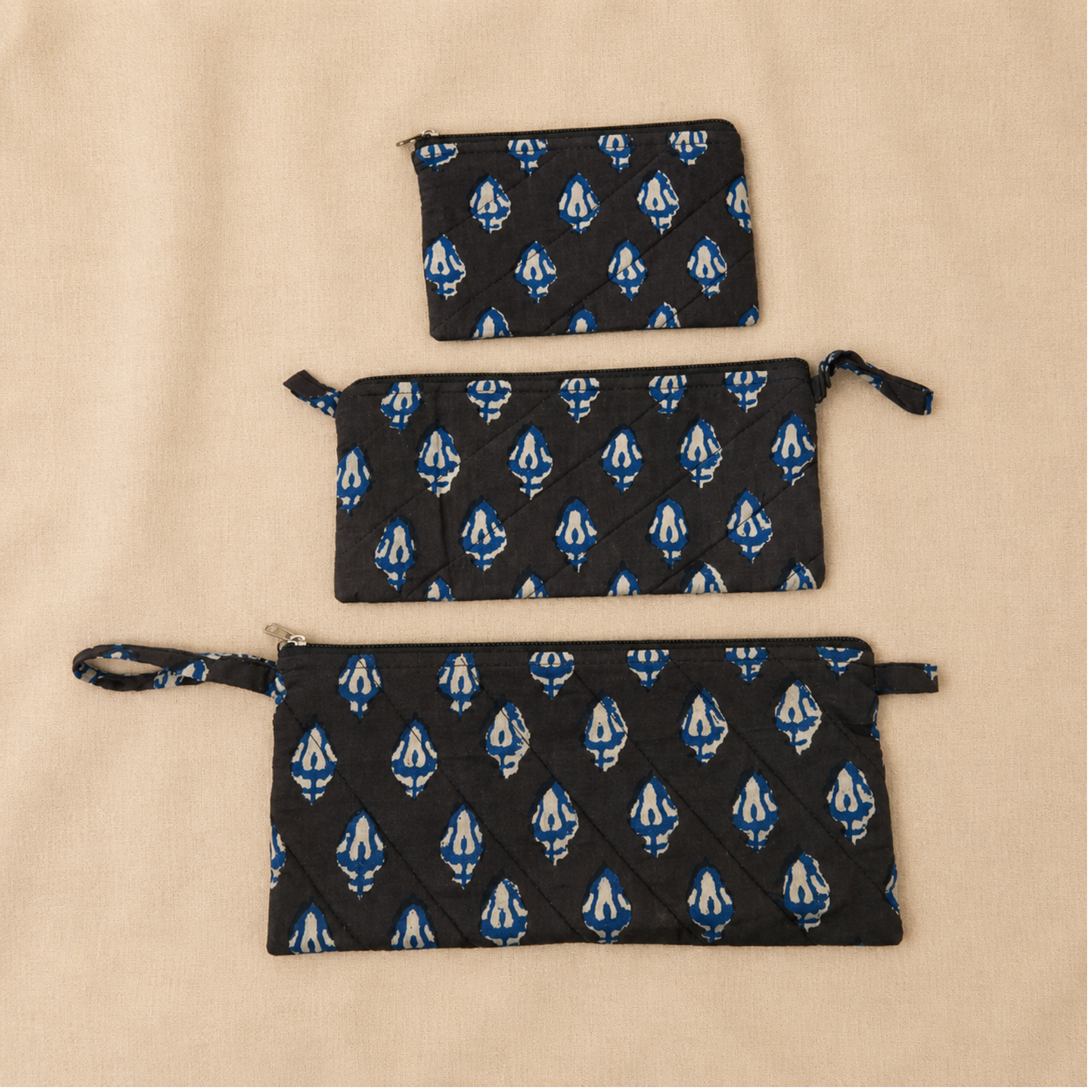 Black Handblock Print Set of Three Multipurpose pouch