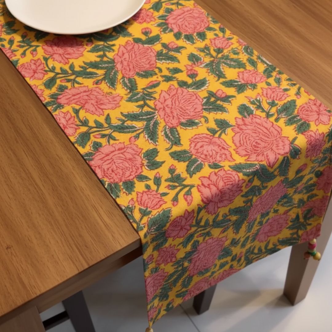 Yellow - Pink Rose Cotton Table Runner