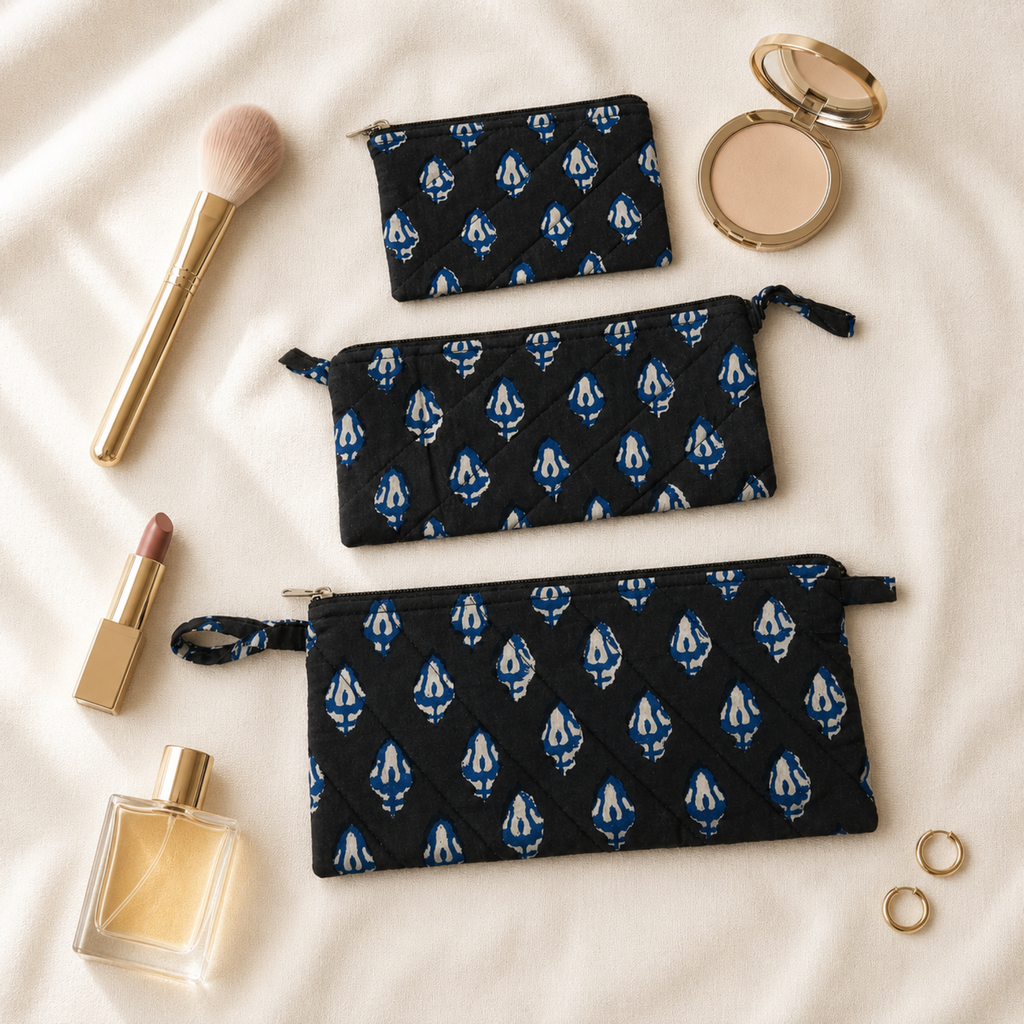 Black Handblock Print Set of Three Multipurpose pouch