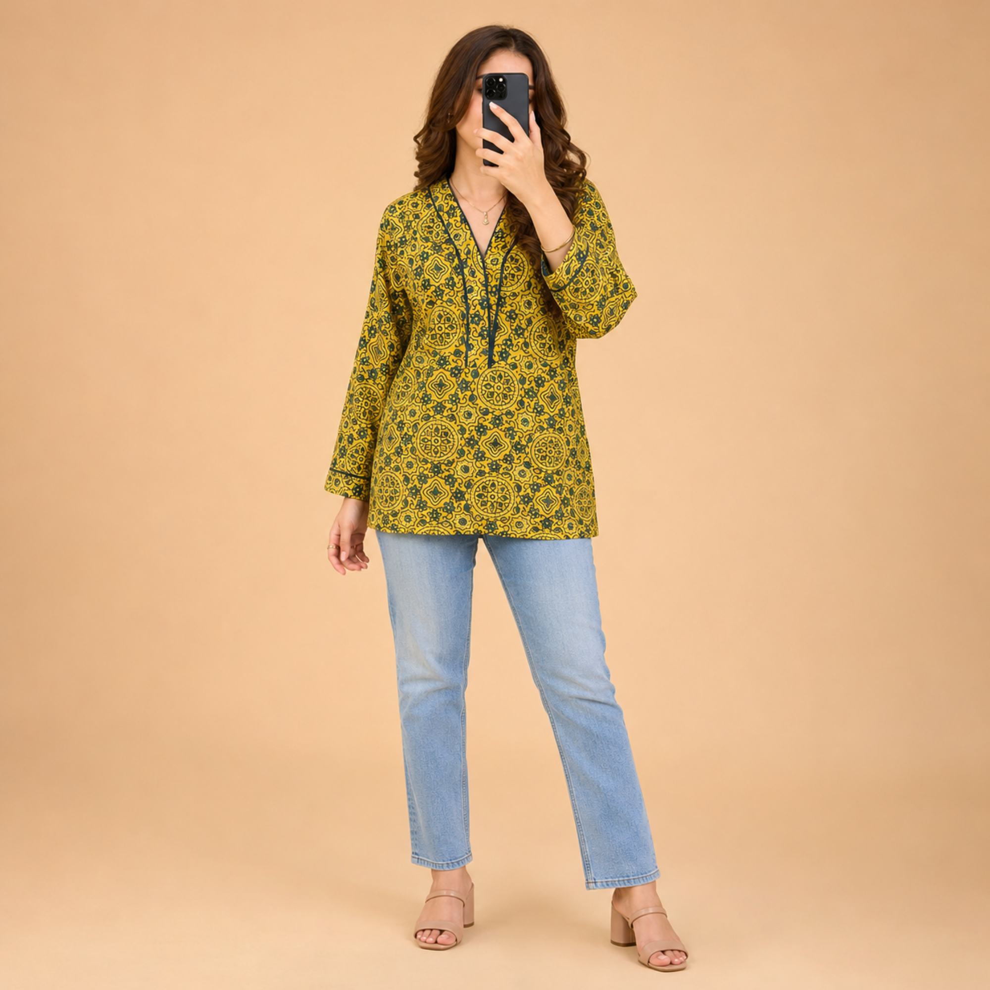 Mustard Ajrakh Print Short Kurti