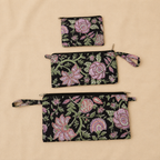 Floral Black Handblock Print Set of Three Multipurpose pouch