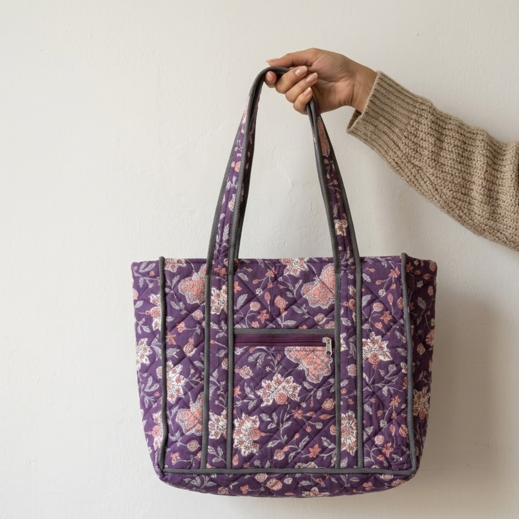 Vine Floral Handblock Print Tote Bag