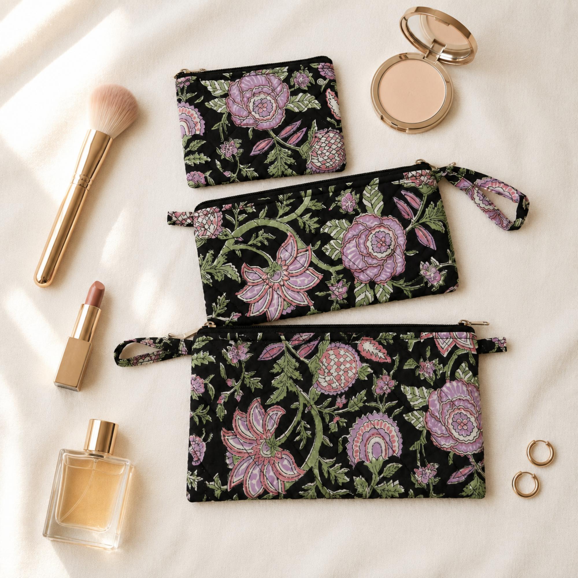 Floral Black Handblock Print Set of Three Multipurpose pouch