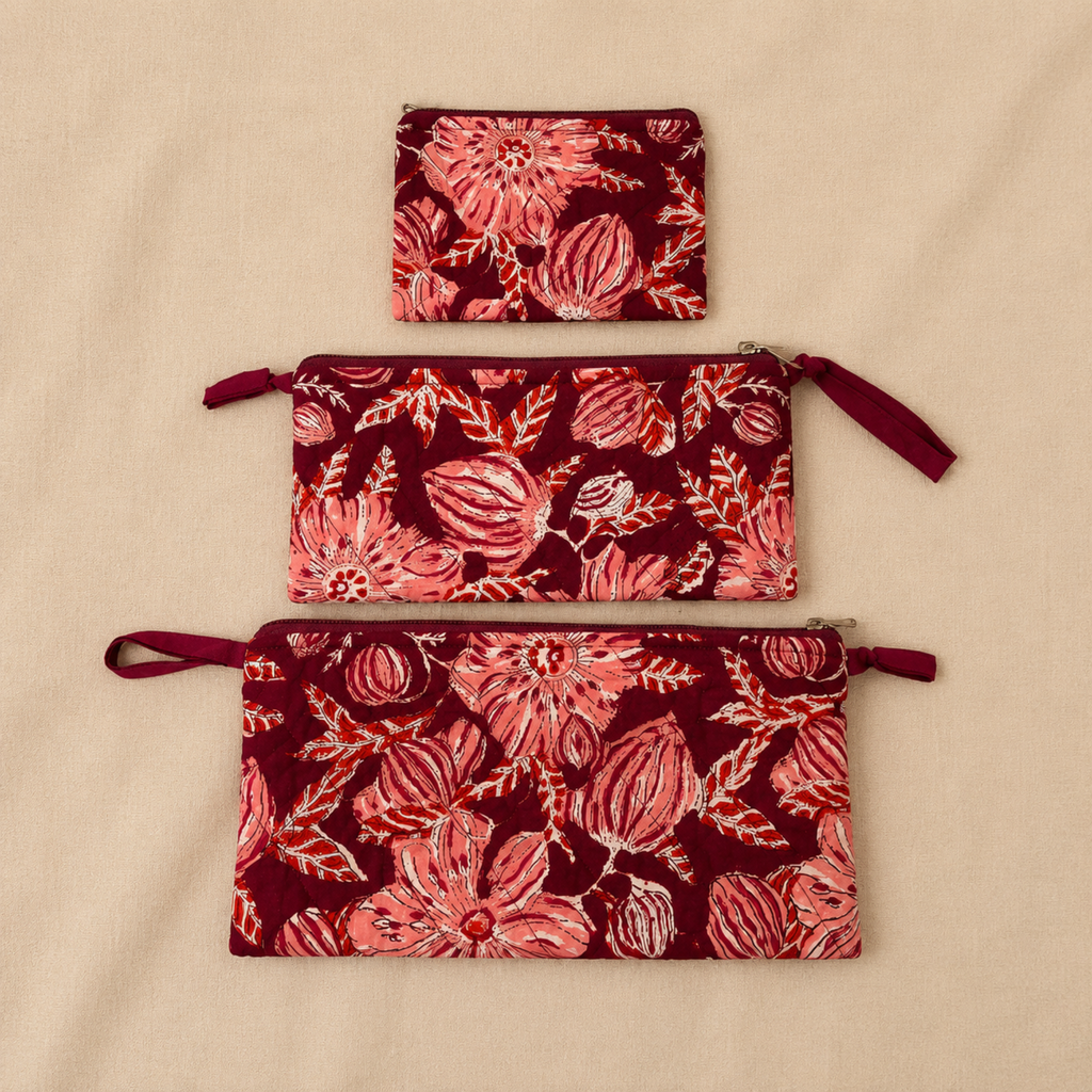 Maroon Handblock Print Set of Three Multipurpose pouch